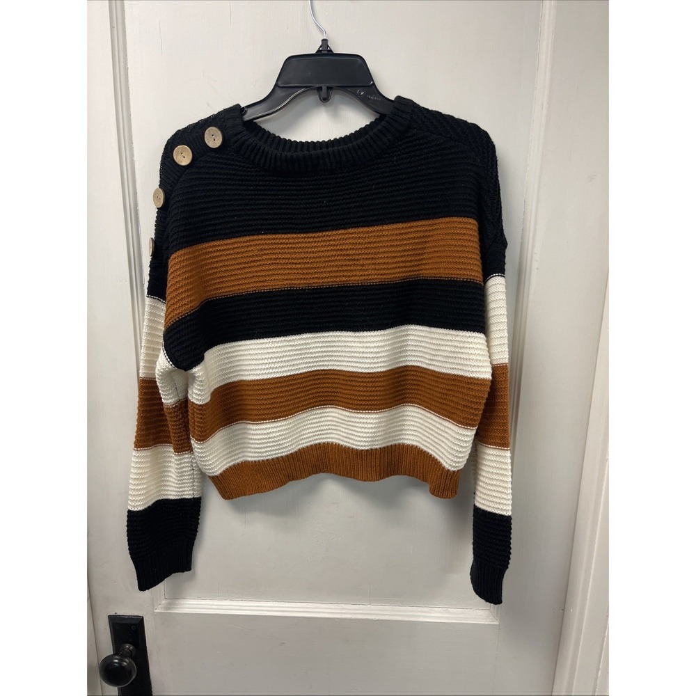 RUE 21 Striped Crop Sweater Size Medium Decor Buttons On Shoulder